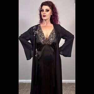 70s Black Lingerie Set: Sheer Robe & Gown, Retro Glam (M/L/XL)